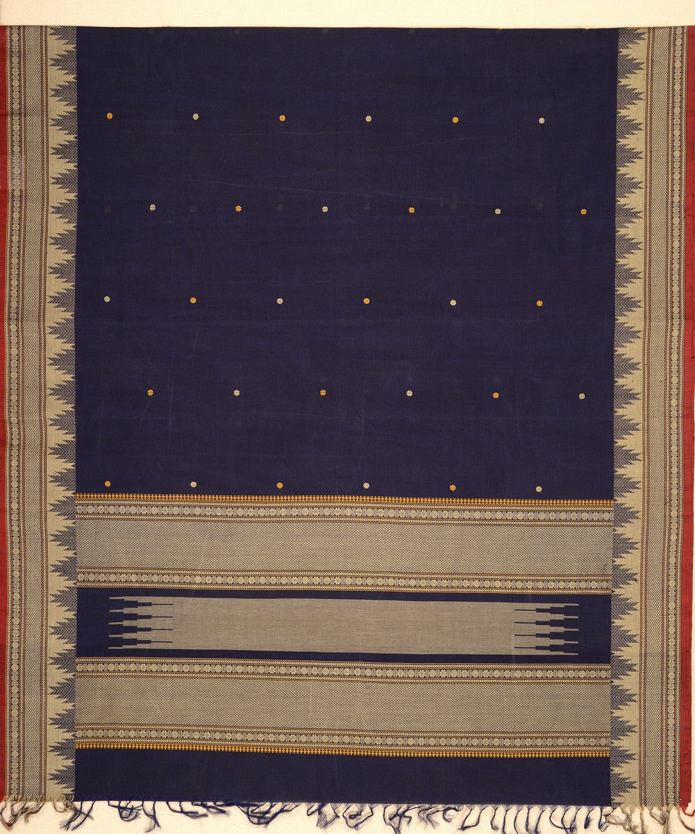 Navy blue temple cotton handloom kanchi saree
