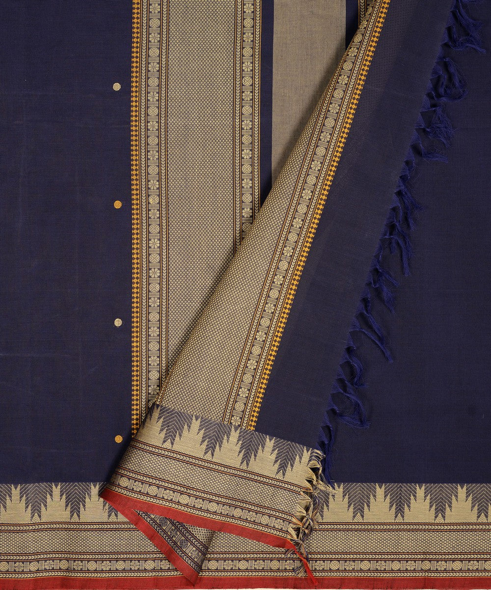 Navy blue temple cotton handloom kanchi saree
