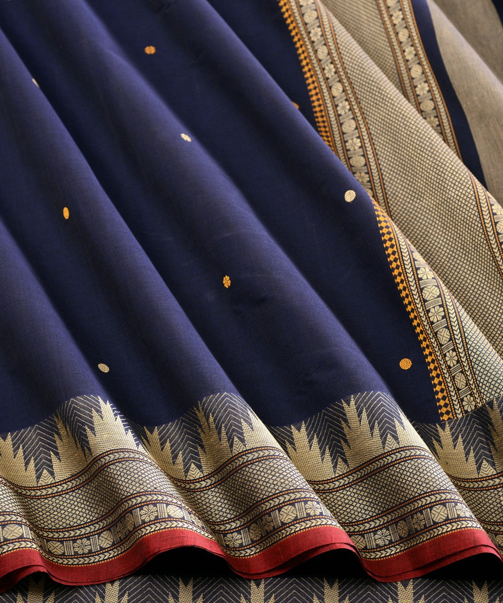 Navy blue temple cotton handloom kanchi saree