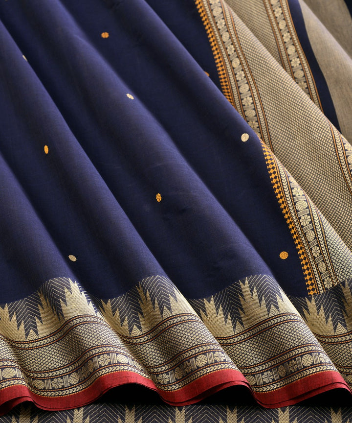 Navy blue temple cotton handloom kanchi saree
