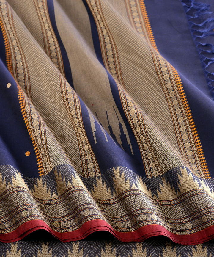 Navy blue temple cotton handloom kanchi saree