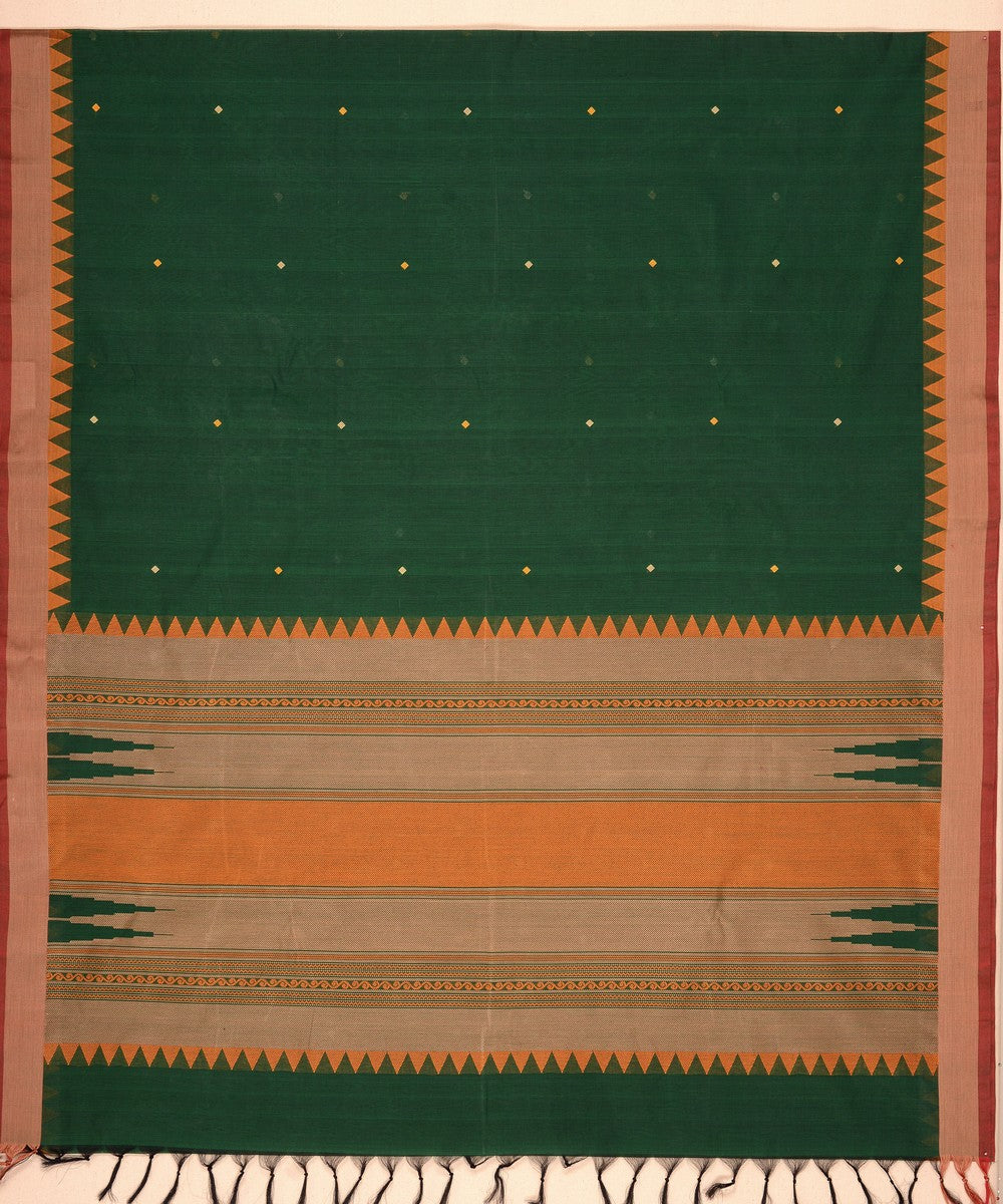 Dark green temple cotton handloom kanchi saree