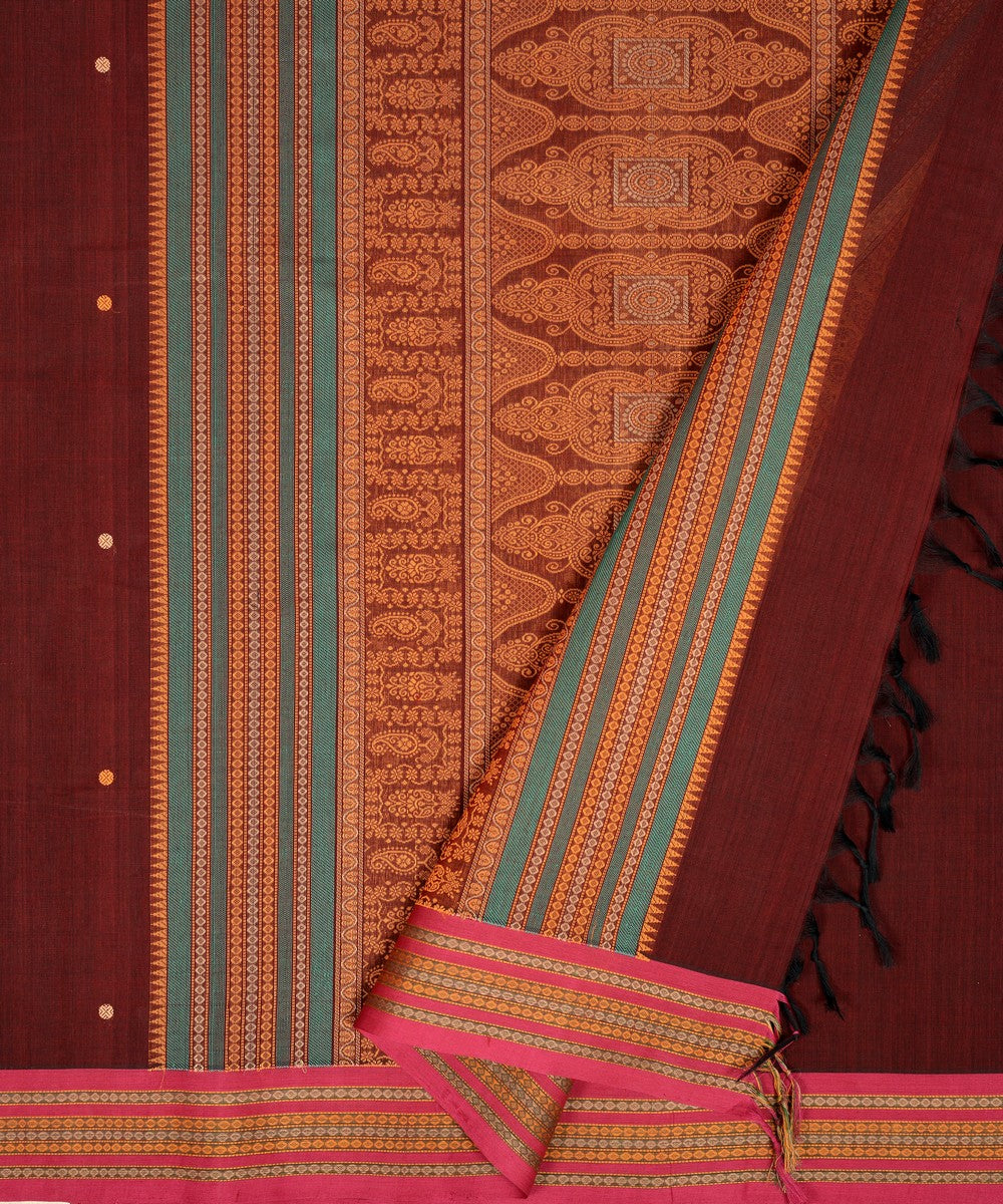 Brown dark pink cotton handloom kanchi saree