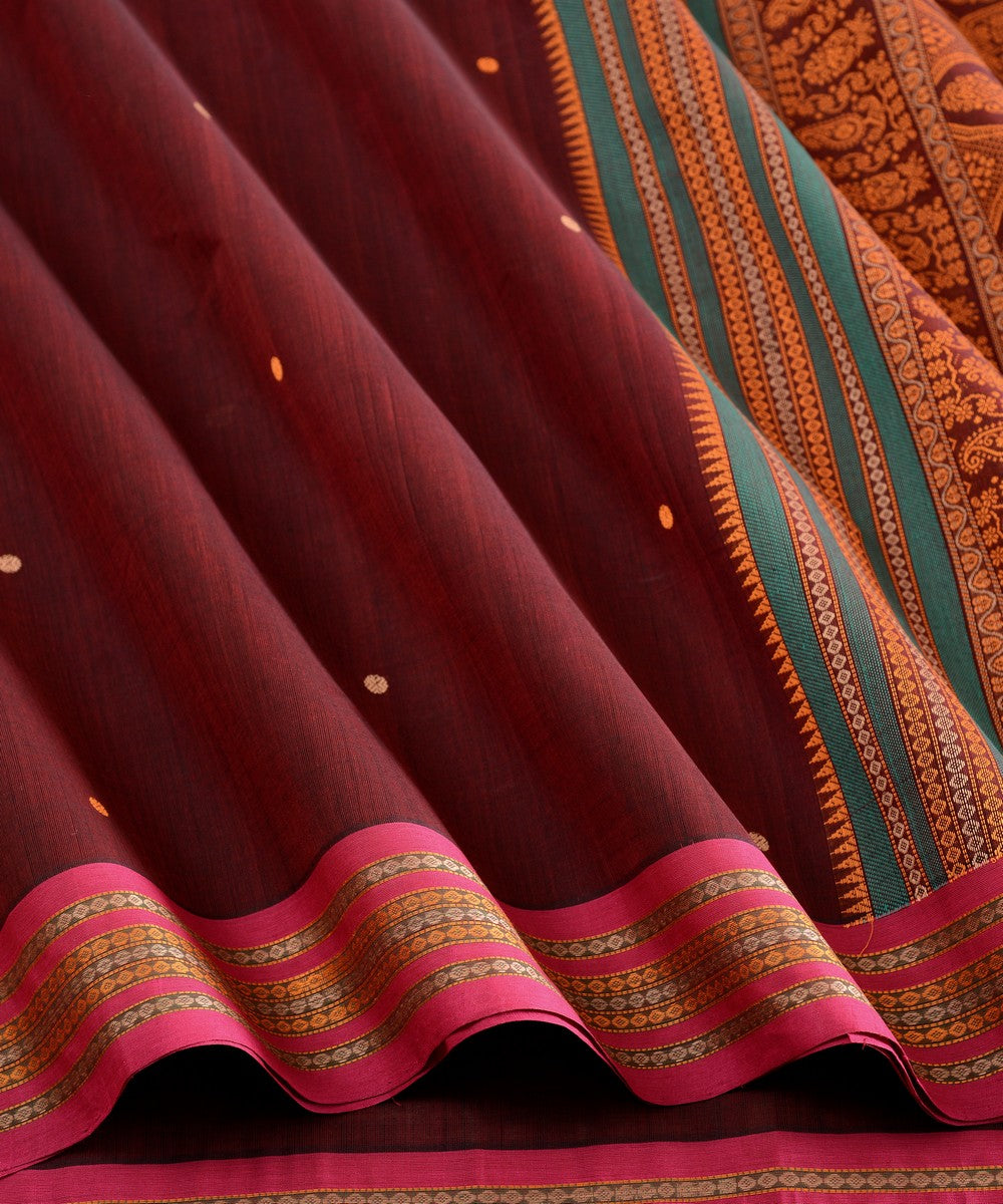 Brown dark pink cotton handloom kanchi saree