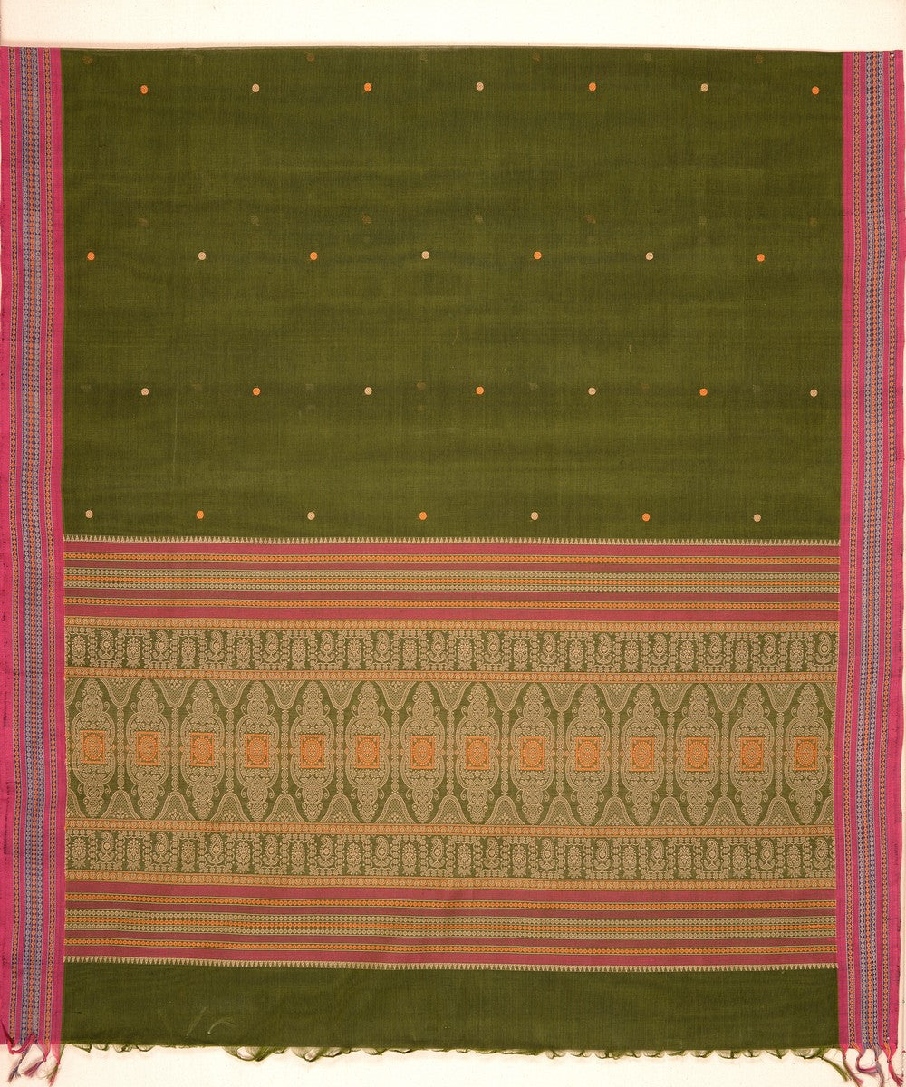 Dark green pink cotton handloom kanchi saree