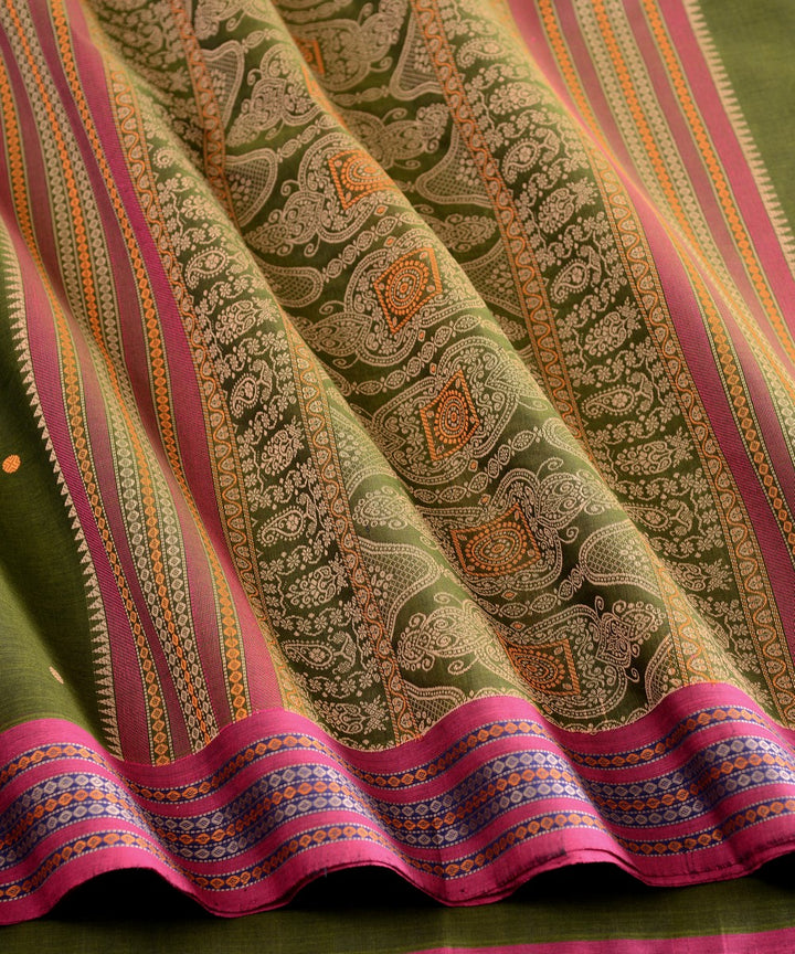 Dark green pink cotton handloom kanchi saree