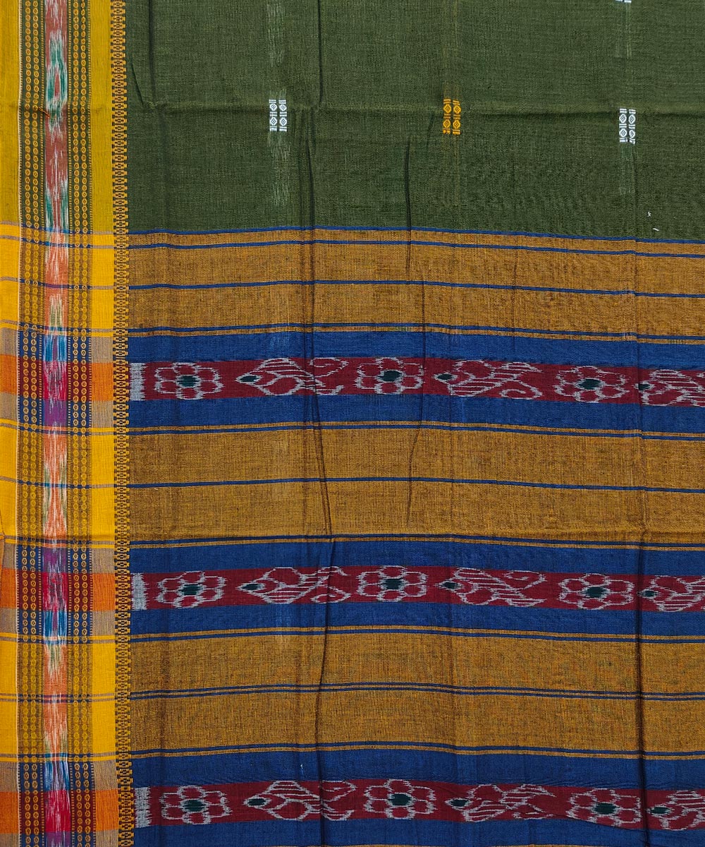 Olive green mustard cotton handwoven nuapatna saree