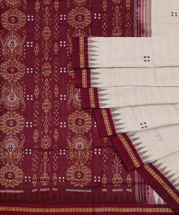 Beige maroon cotton handwoven nuapatna saree