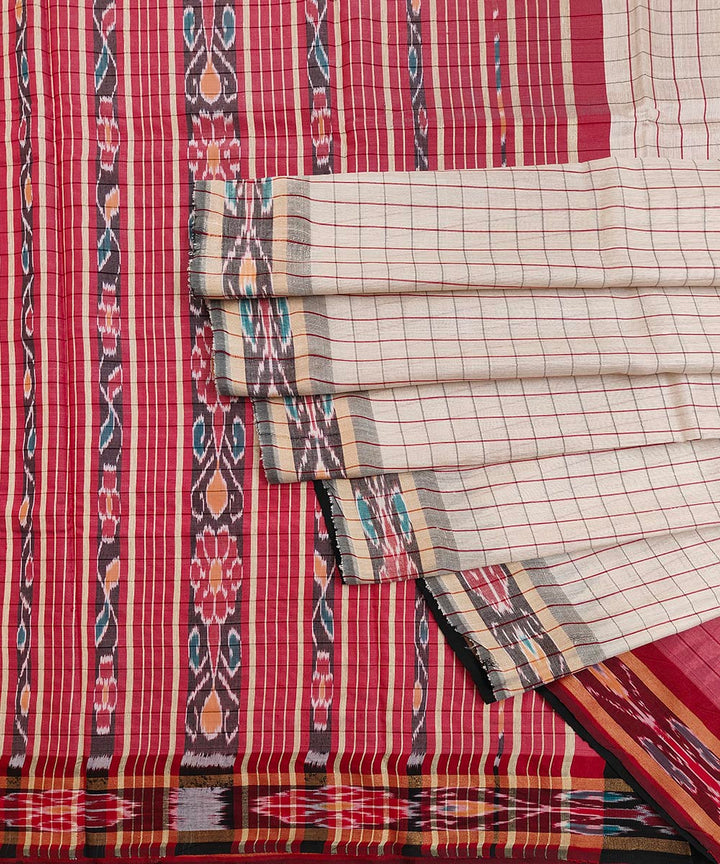 Beige red checked tussar silk handwoven odisha ikat saree