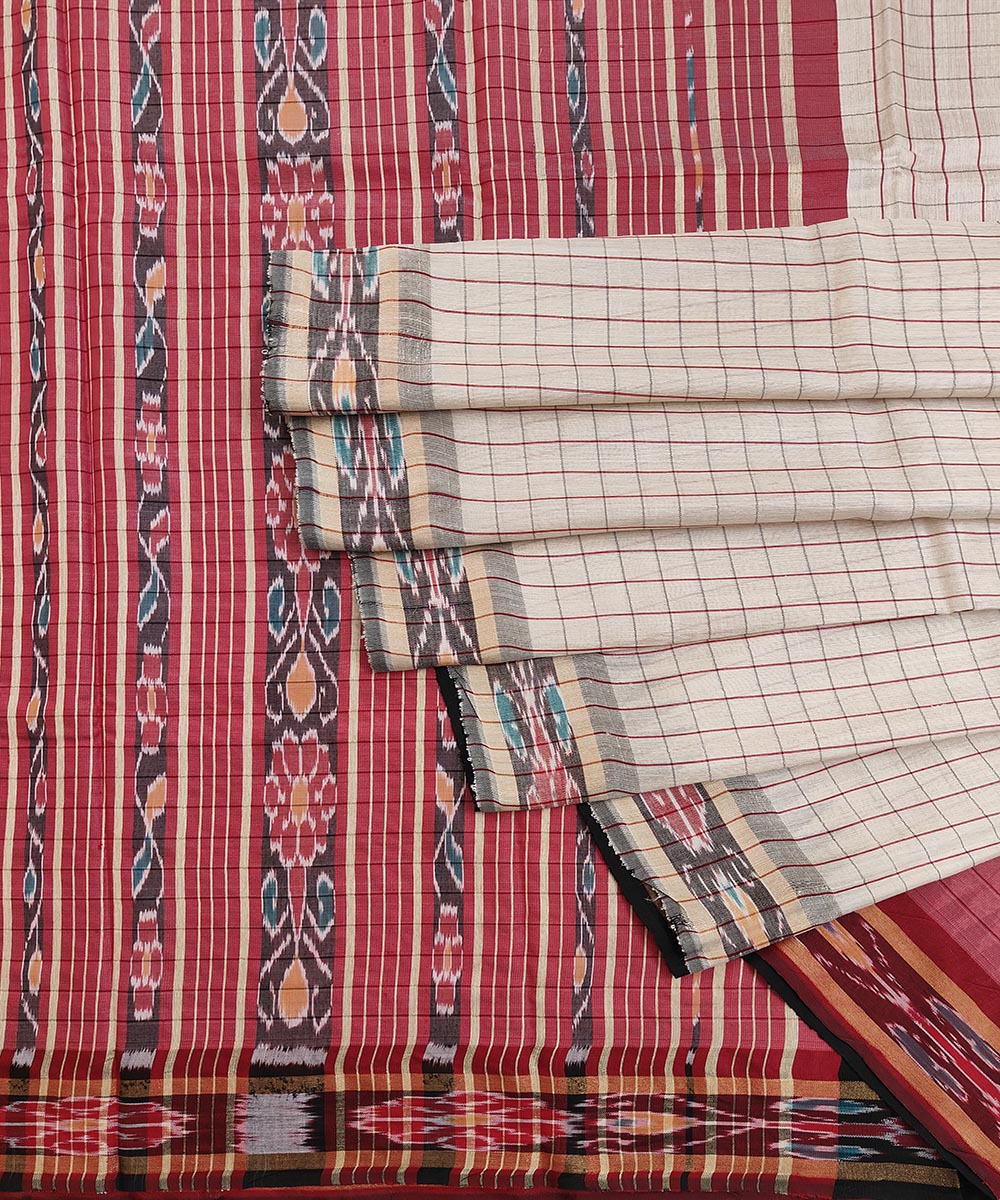 Beige red checked tussar silk handwoven odisha ikat saree