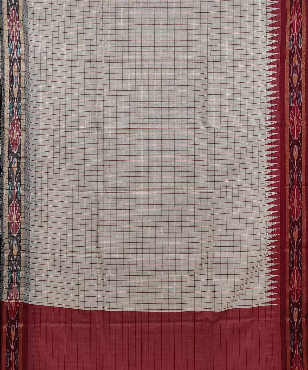 Beige red checked tussar silk handwoven odisha ikat saree