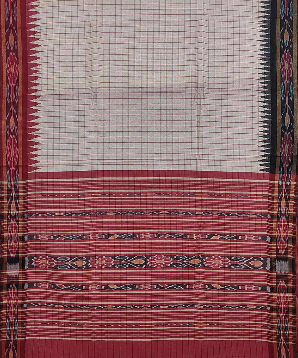 Beige red checked tussar silk handwoven odisha ikat saree