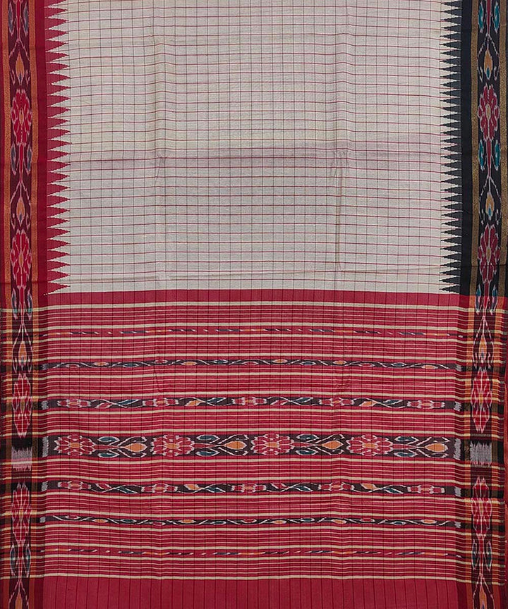 Beige red checked tussar silk handwoven odisha ikat saree