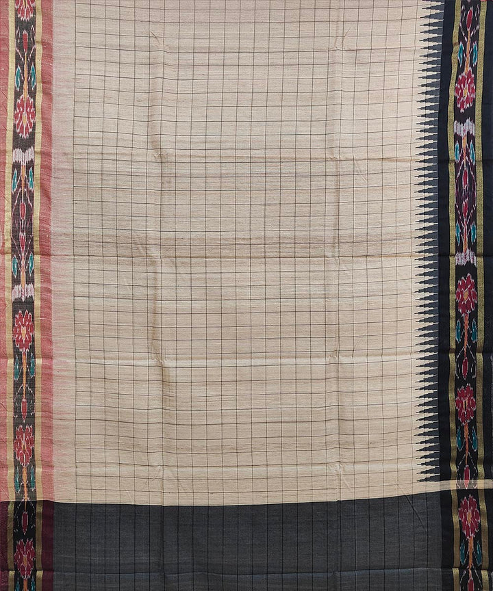 Beige black checked tussar silk handwoven odisha ikat saree