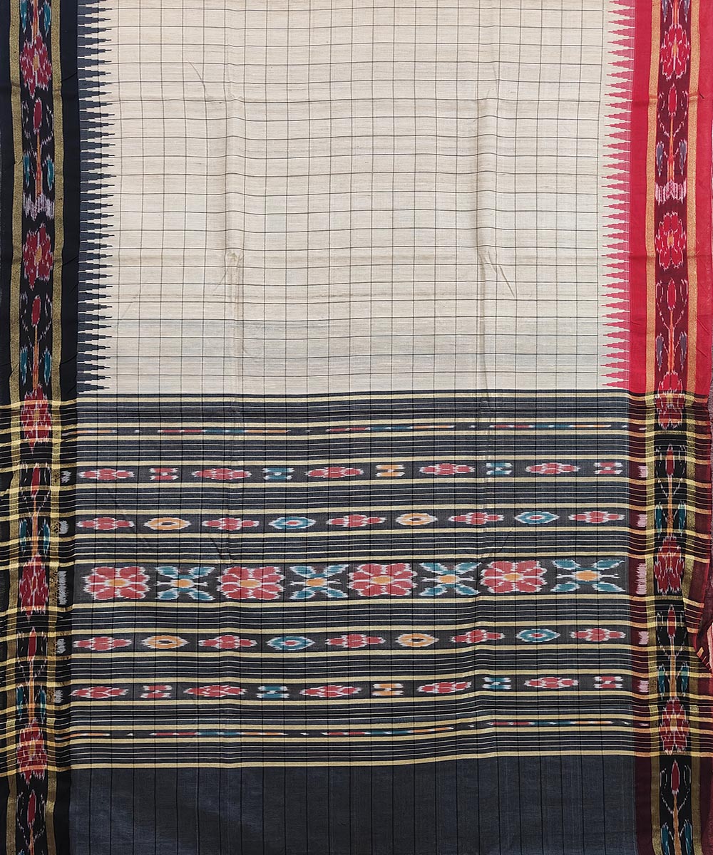 Beige black checked tussar silk handwoven odisha ikat saree