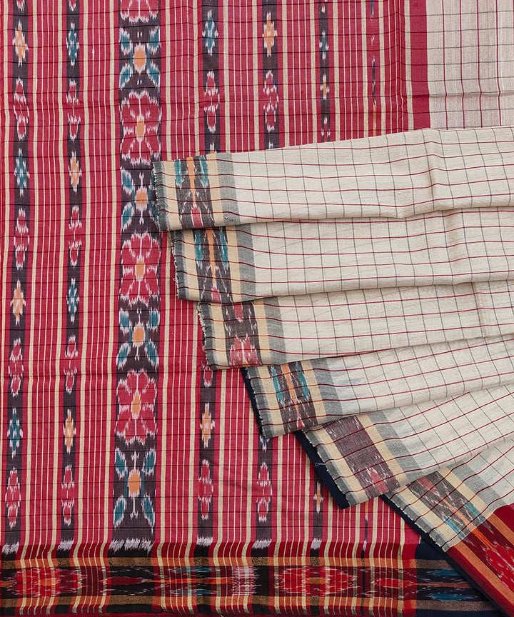 Beige red tussar silk odisha ikat handwoven saree