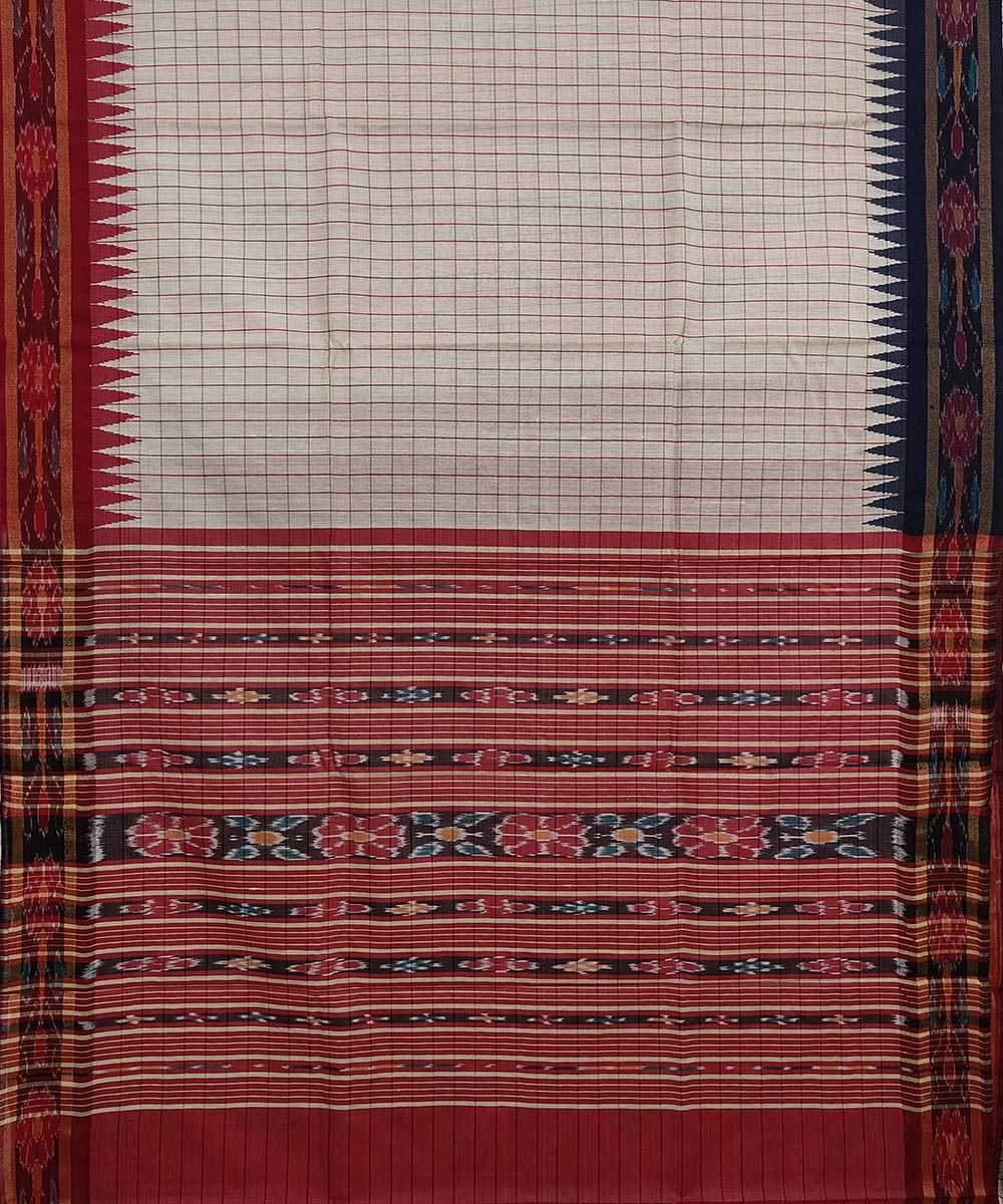 Beige red tussar silk odisha ikat handwoven saree