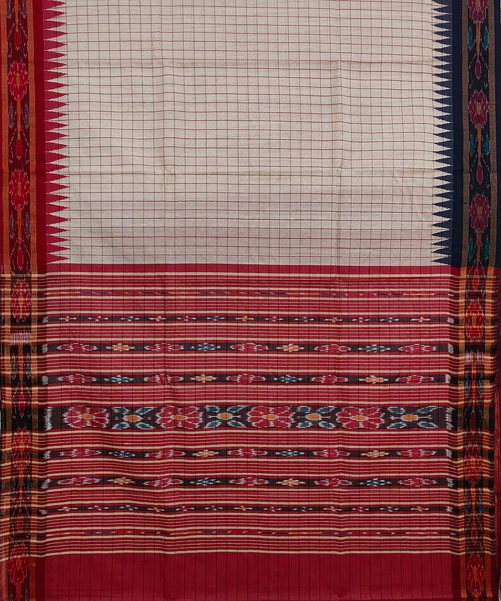 Beige red tussar silk odisha ikat handwoven saree