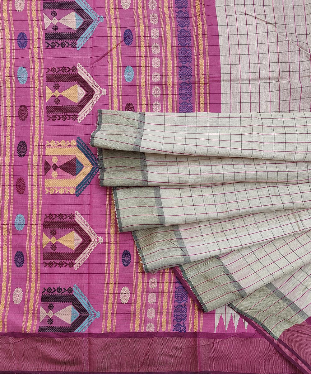 Beige magenta tussar silk handwoven saree