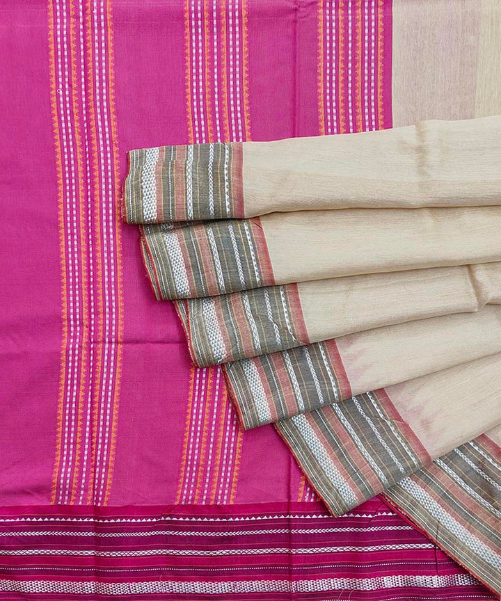 Beige pink tussar silk handwoven odisha ikat saree