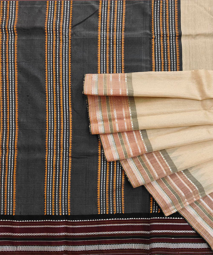 Beige black tussar silk handwoven odisha ikat saree