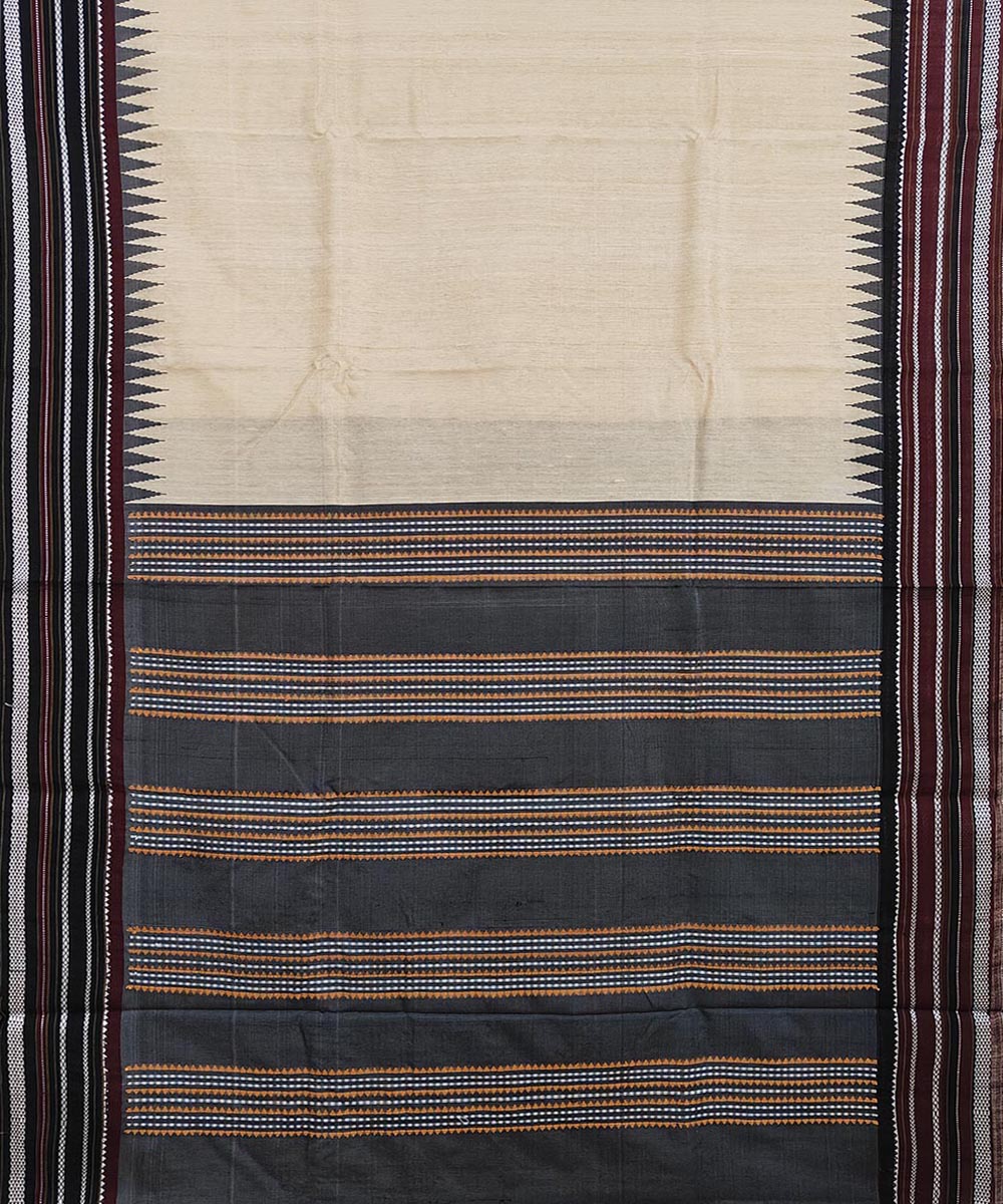 Beige black tussar silk handwoven odisha ikat saree