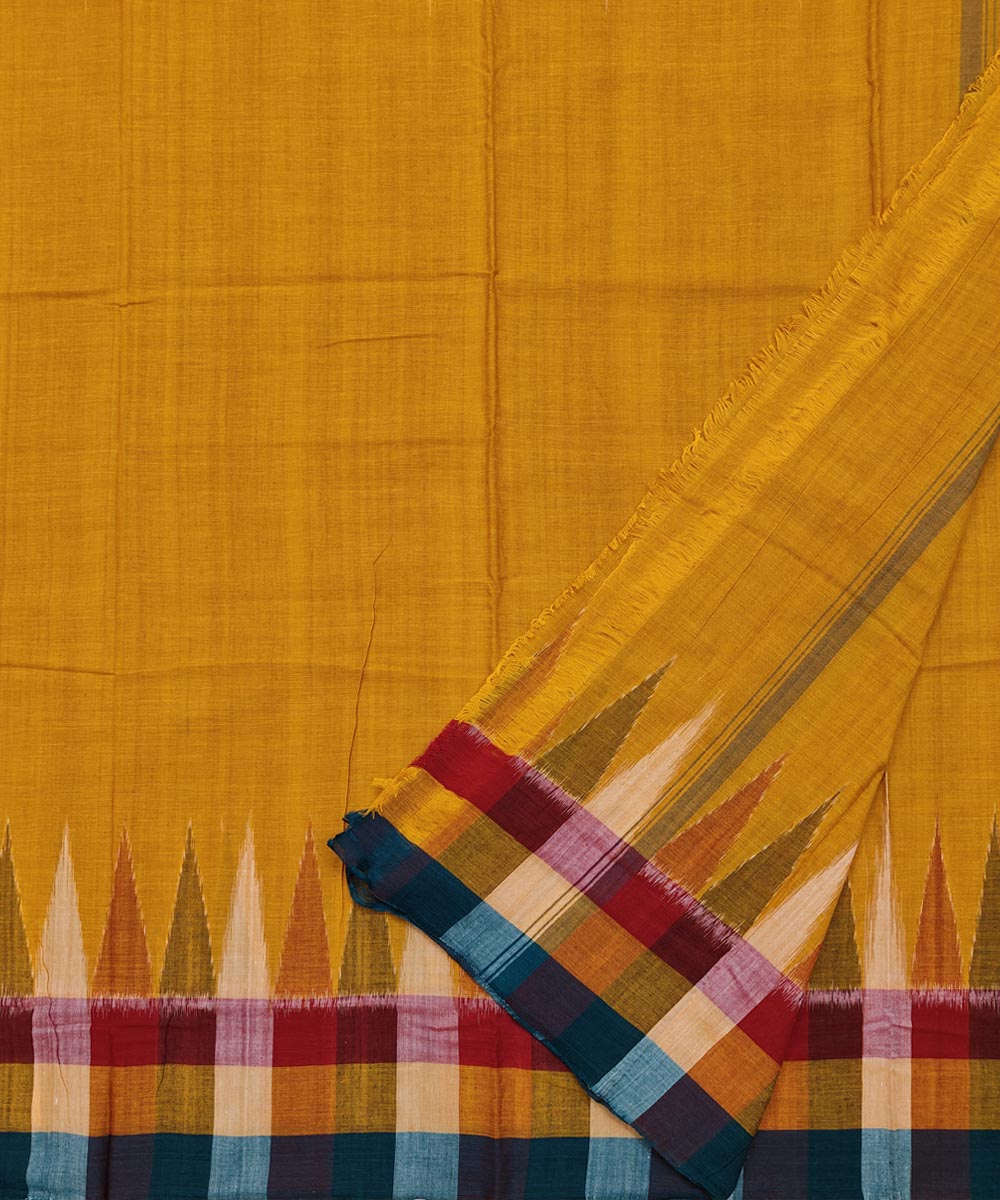 Yellow multicolour check border handwoven cotton sambalpuri dhoti