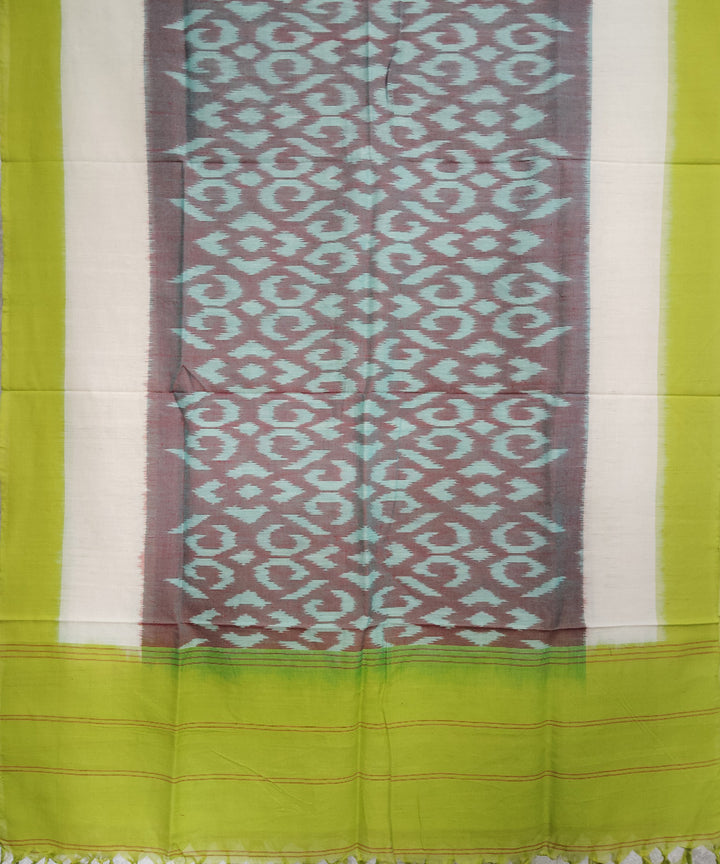 Deep brown offwhite olive green handloom pochampally ikat cotton duppatta