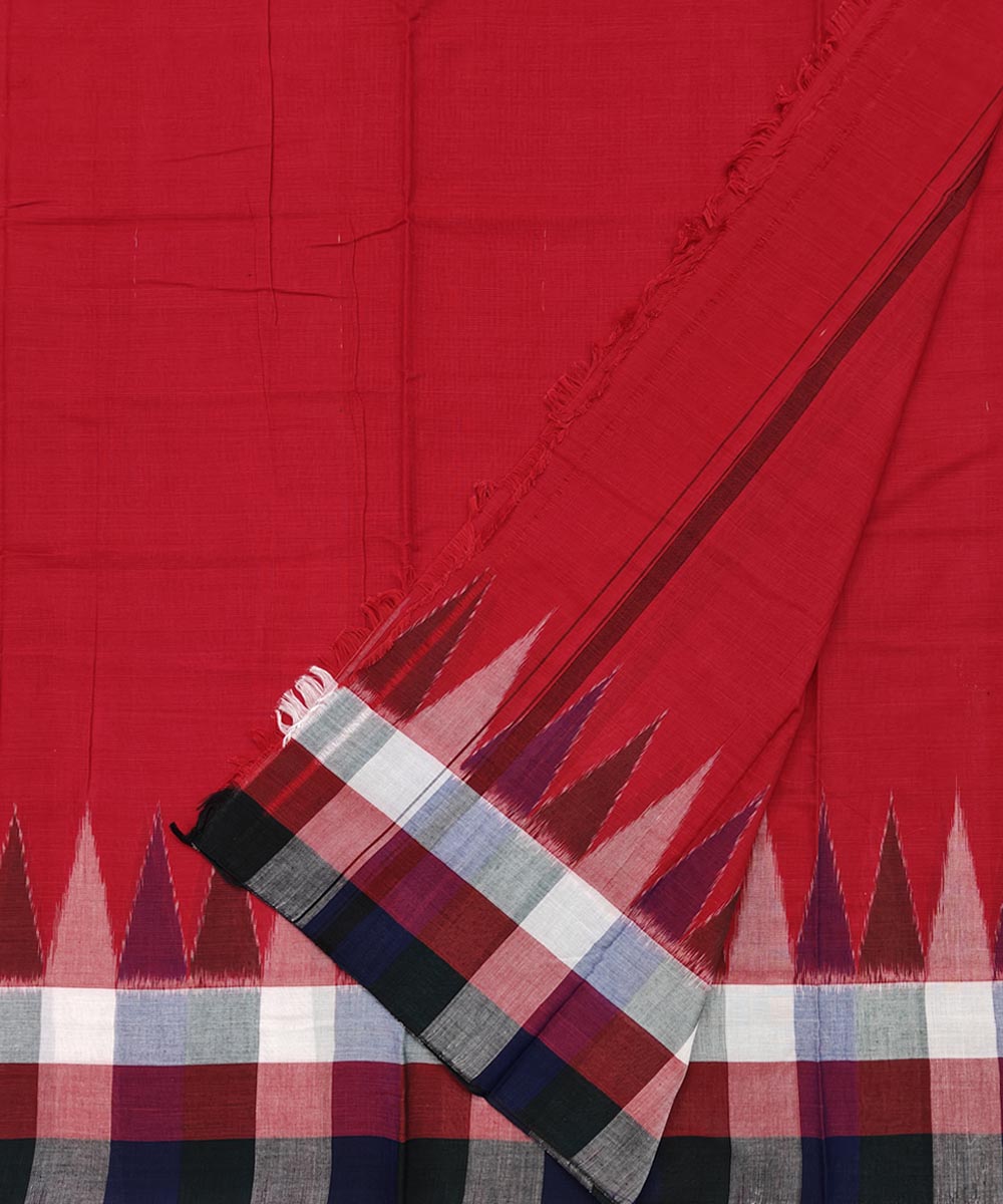 Red multicolour check border handwoven cotton sambalpuri dhoti