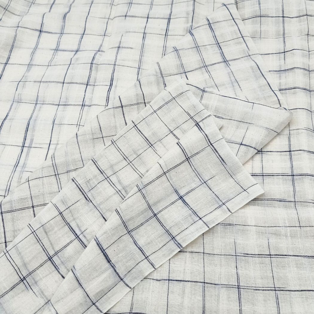 White blue check handwoven cotton fabric