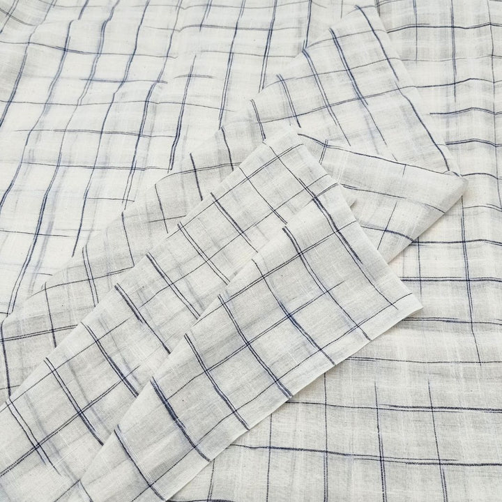 White blue check handwoven cotton fabric