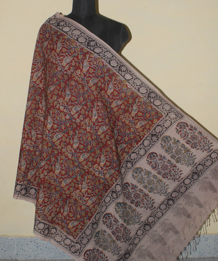 Beige red hand block printed cotton kalamkari dupatta