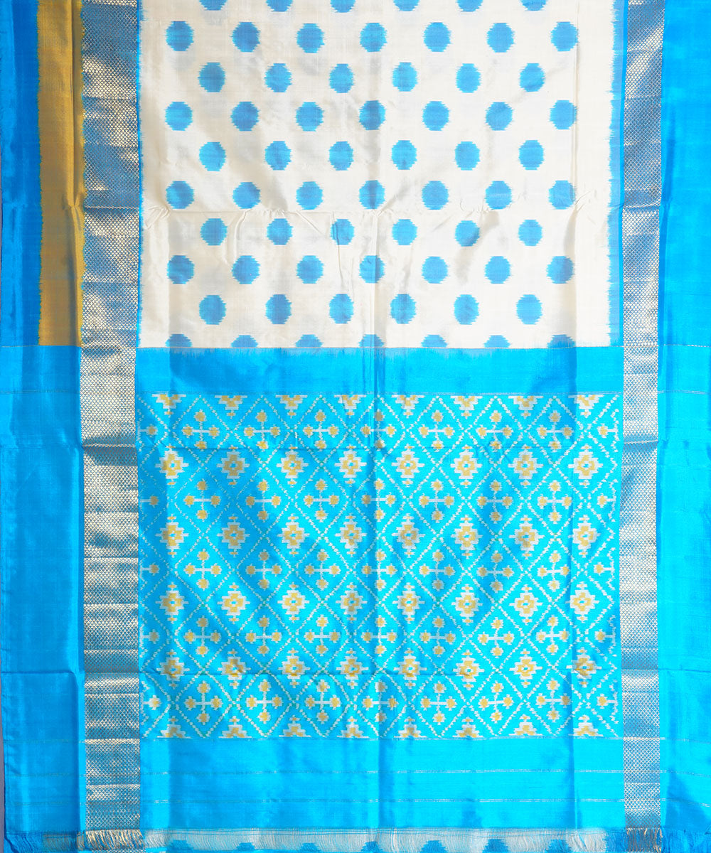 Offwhite blue handwoven pochampally ikat silk saree