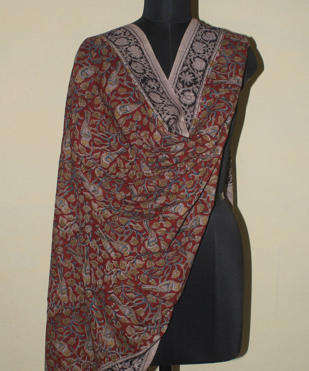 Beige red hand block printed cotton kalamkari dupatta