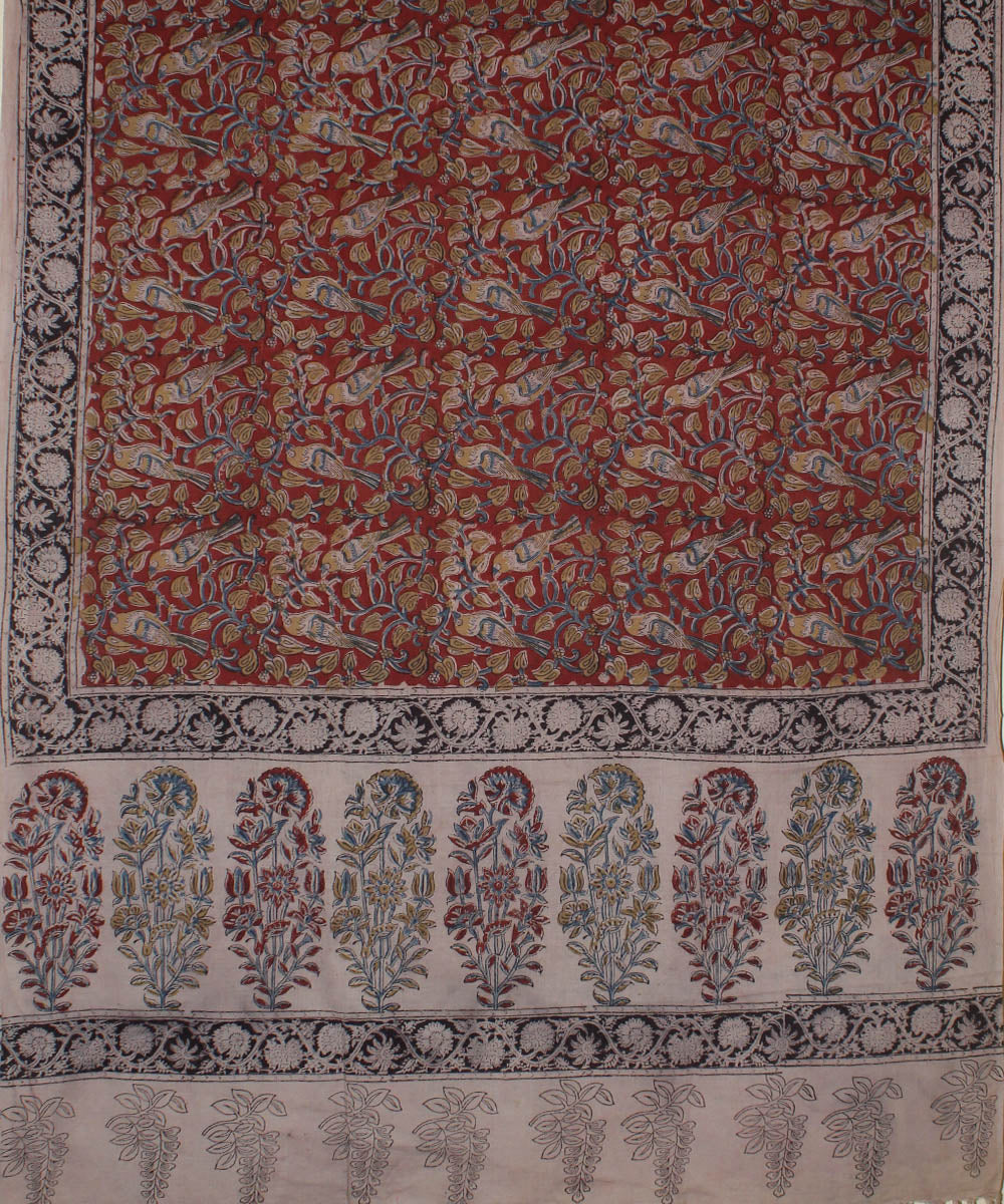 Beige red hand block printed cotton kalamkari dupatta