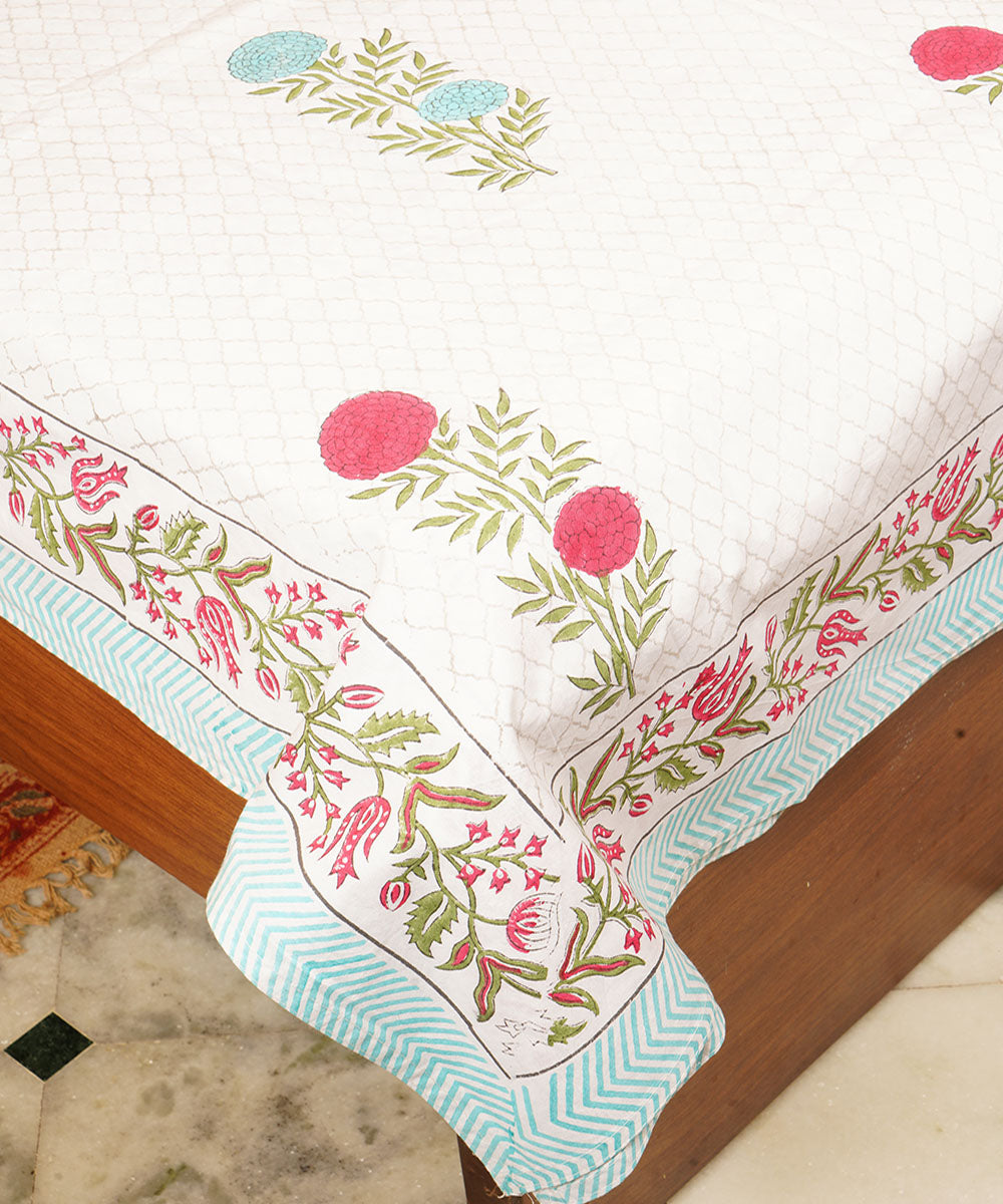White blue cotton hand block printed double bedsheet