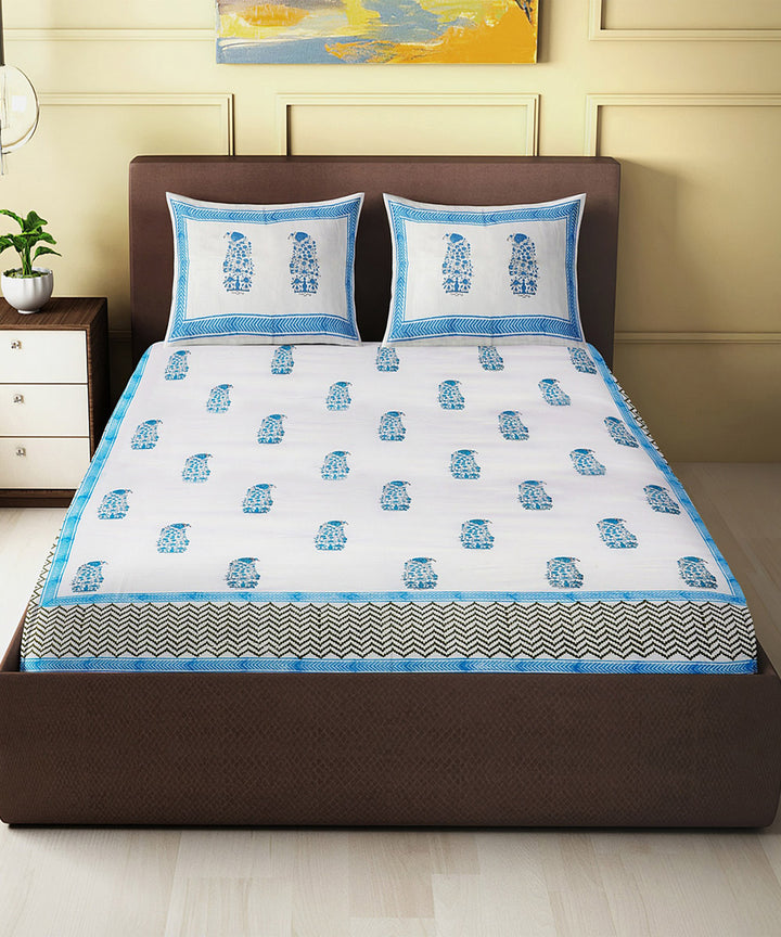 White sky blue hand block print king size cotton double bedsheet