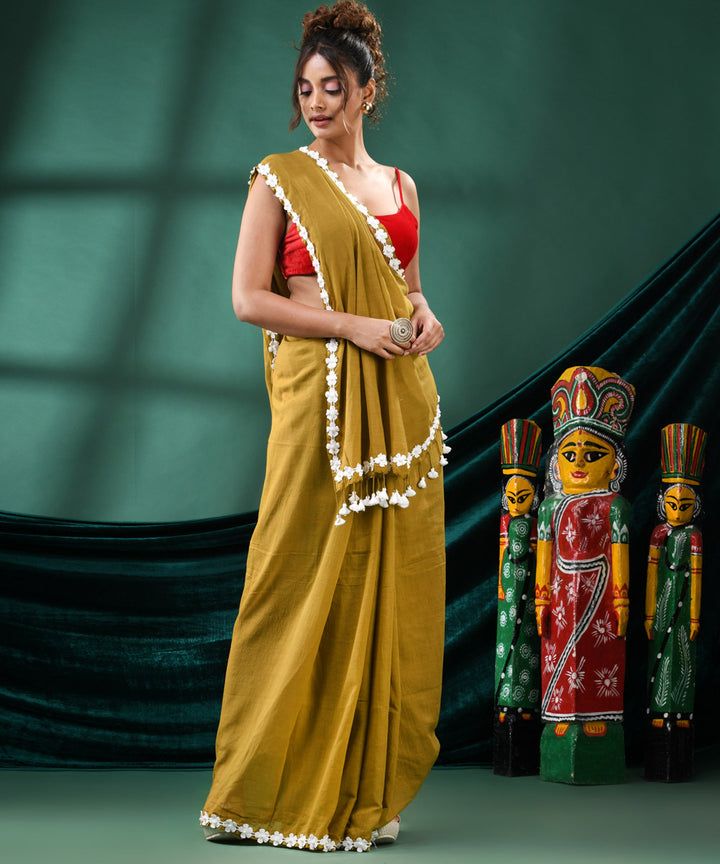 Mustard white handloom cotton bengal saree