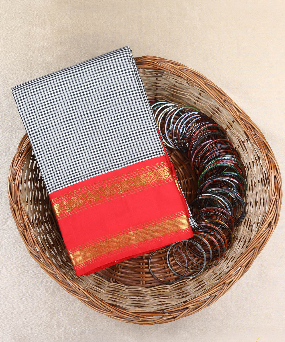 Black white with red handwoven kanjivaram silk saree