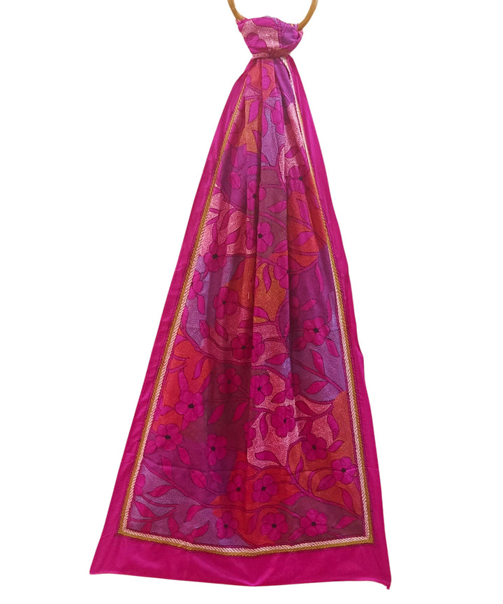 Magenta multicolor thread handwoven kantha stitch silk stole