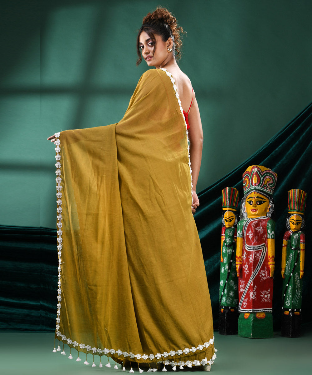 Mustard white handloom cotton bengal saree