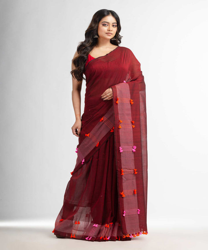 Maroon handwoven bengal cotton saree