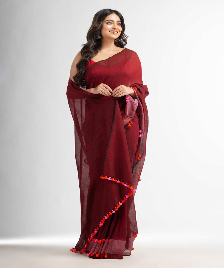 Maroon handwoven bengal cotton saree