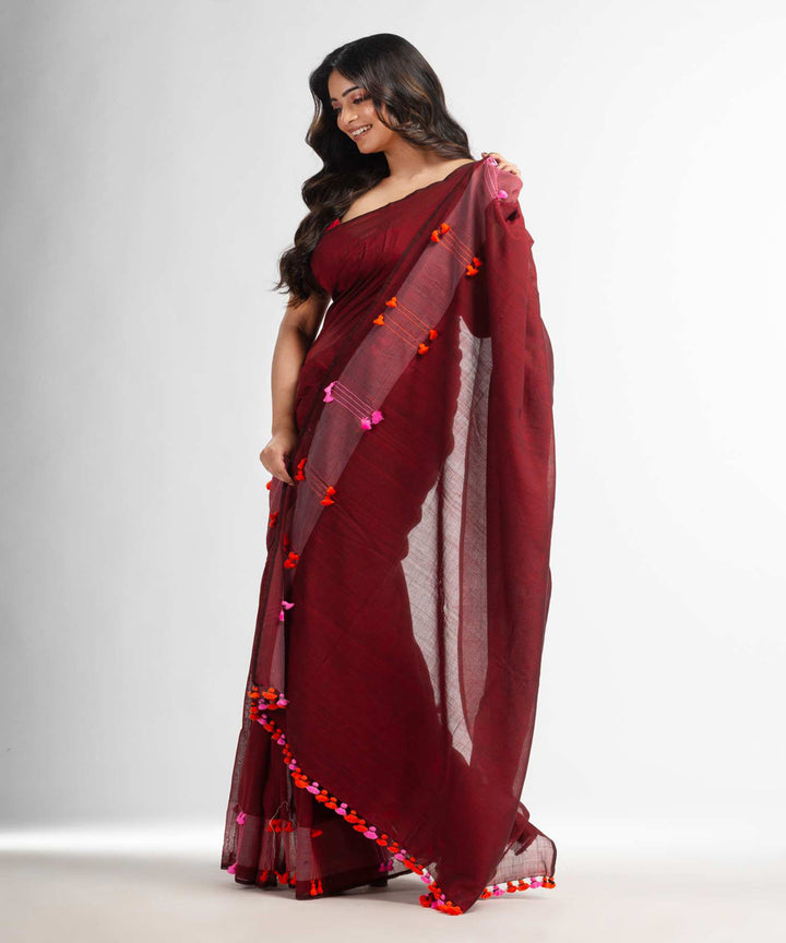 Maroon handwoven bengal cotton saree