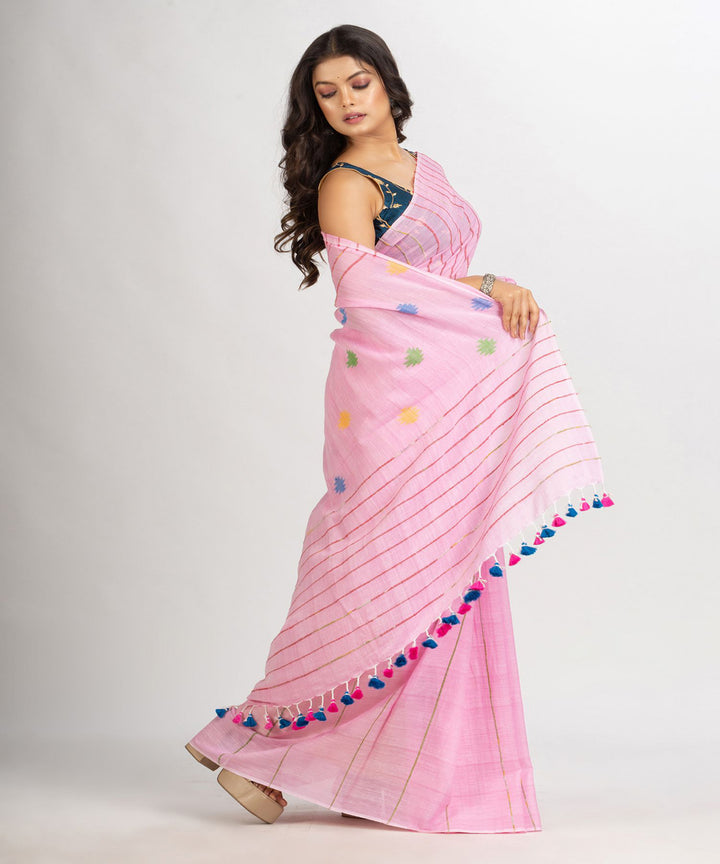 Pink striped handwoven cotton bengal saree