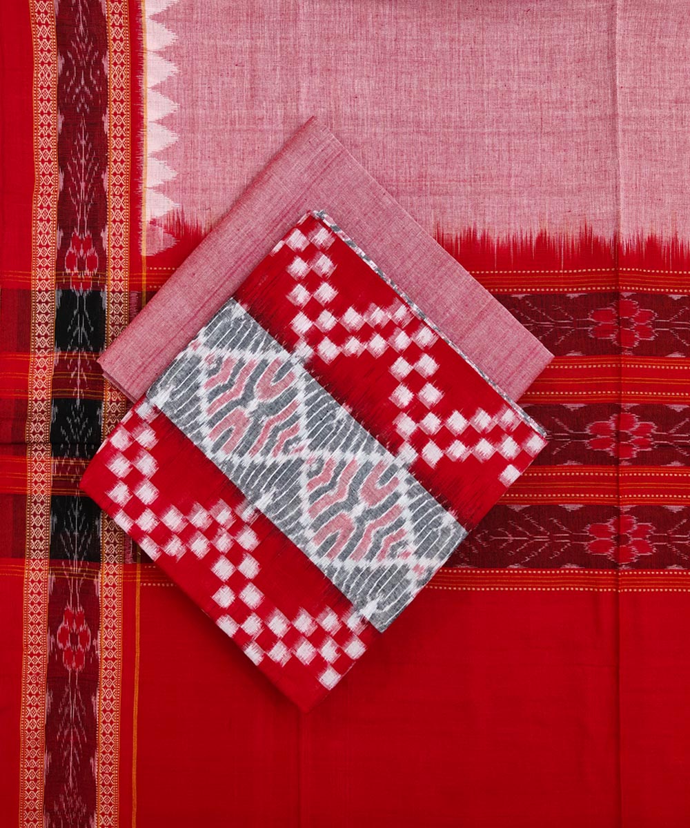 Red grey handwoven cotton sambalpuri dress material