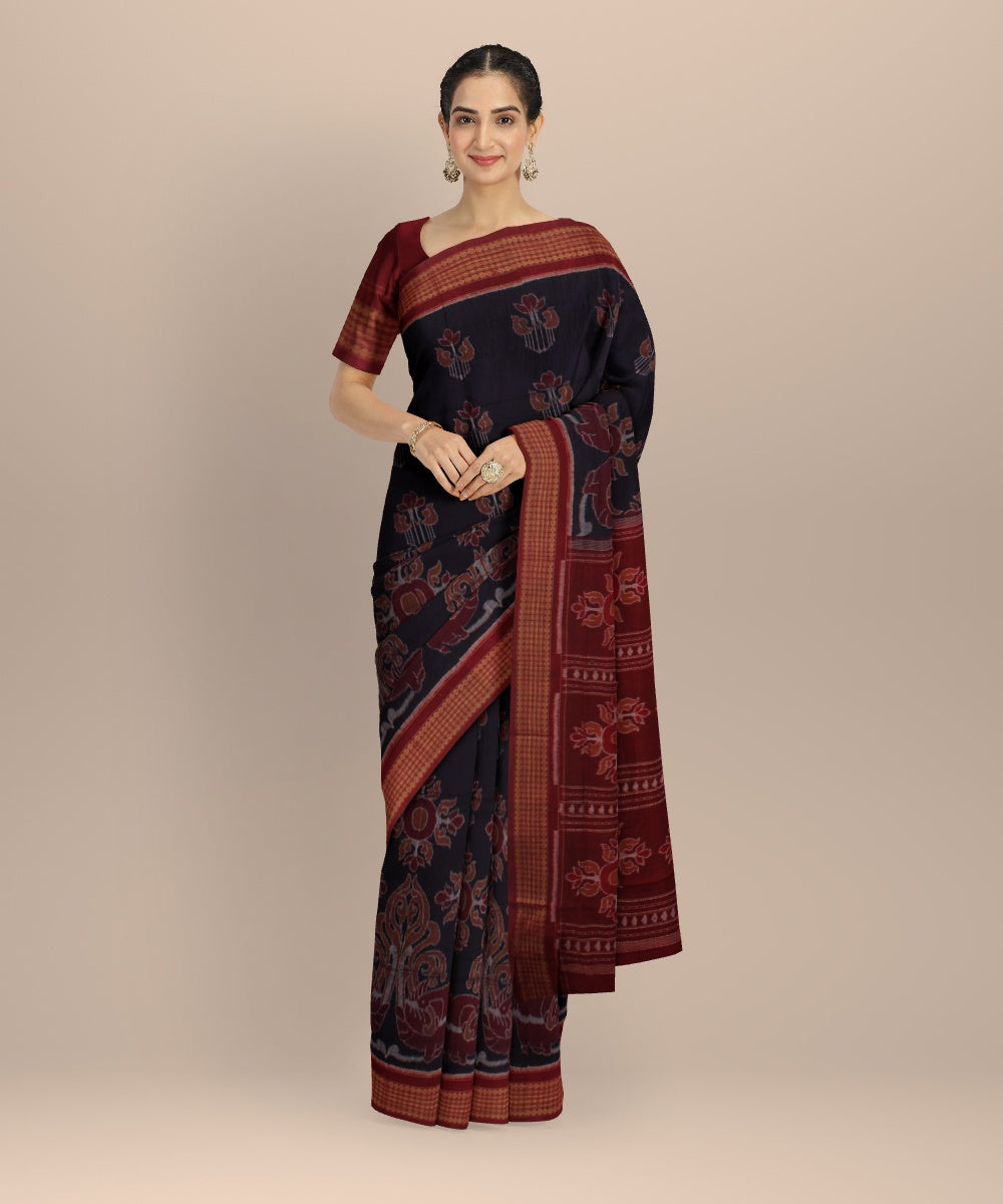 Navy blue maroon cotton handwoven sambalpuri saree