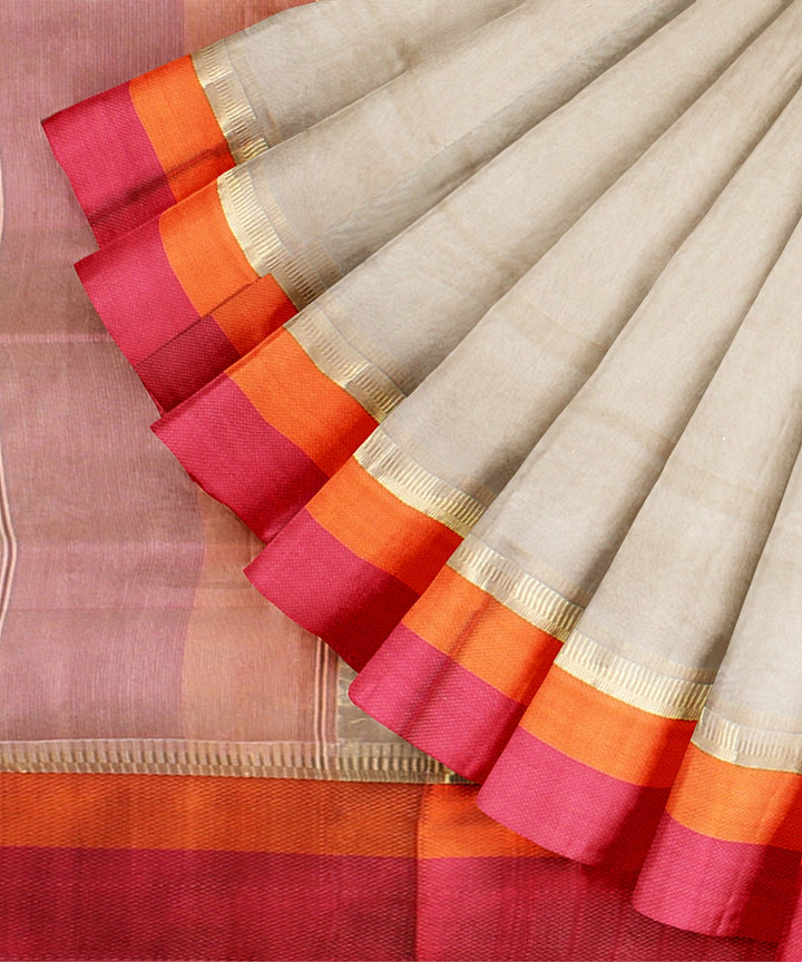 Offwhite pink orange handloom maheshwari cotton silk saree