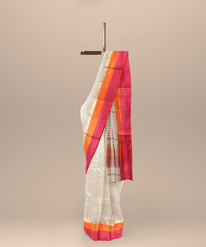 Offwhite pink orange handloom maheshwari cotton silk saree