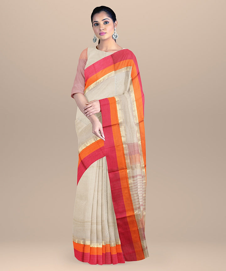 Offwhite pink orange handloom maheshwari cotton silk saree